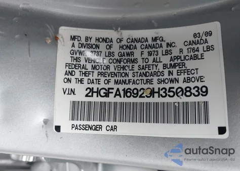 2009 Honda Civic Ex-L z USA, uszkodzony, nr VIN 2HGFA16929H350839